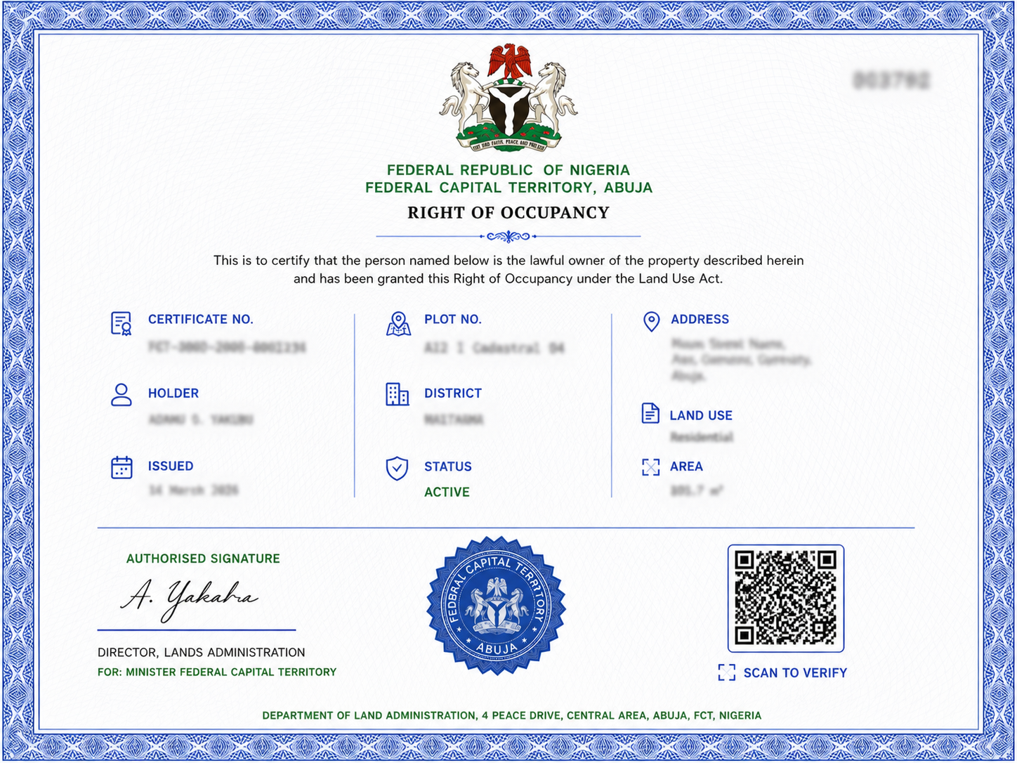 Sample FCT Right of Occupancy certificate